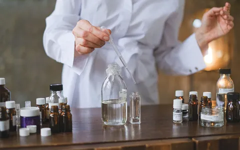 A researcher in a white coat handling sample vials in a laboratory