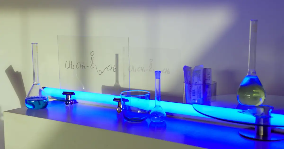 Various glass flasks and equipment in a lab with blue lighting ambiance