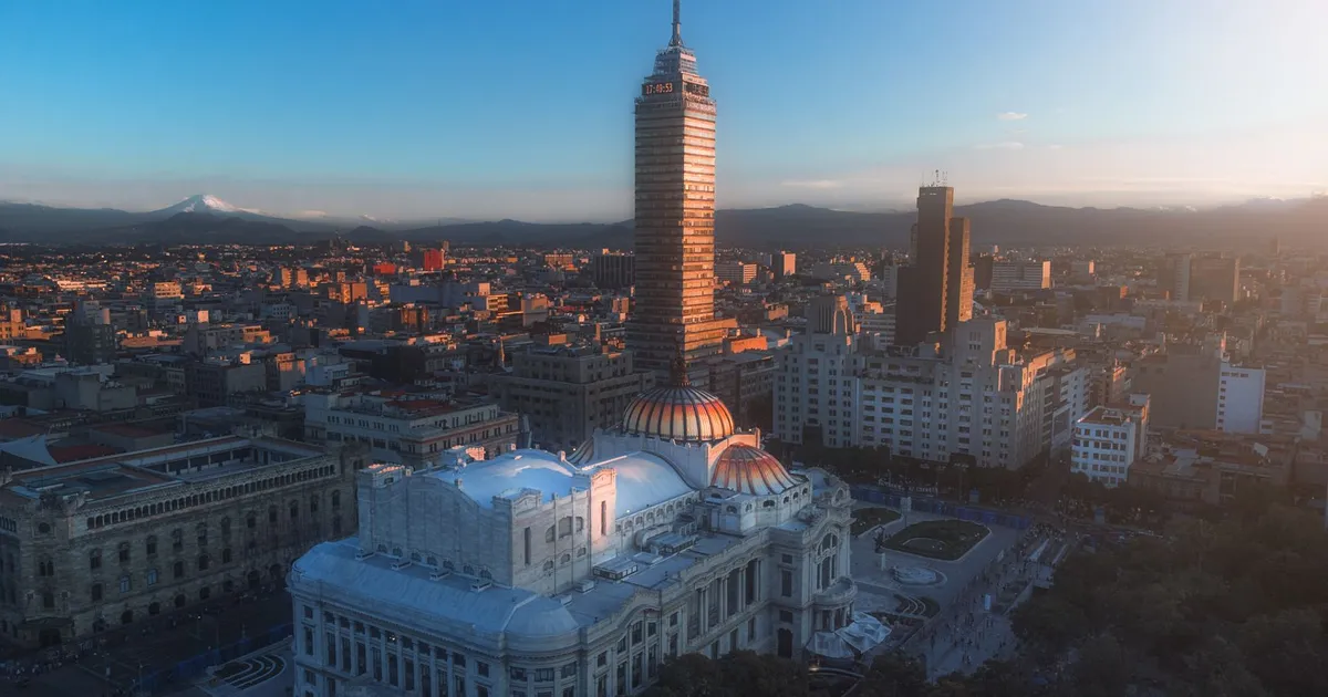 Mexico City skyline with the Torre Latinoamericana at sunset