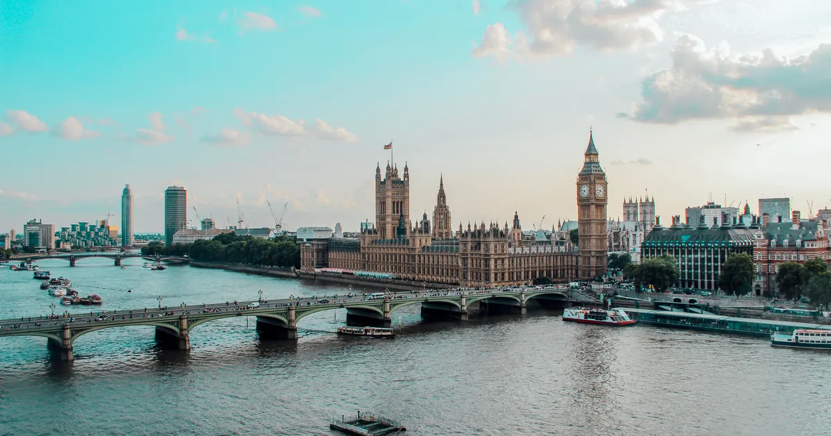 Aerial view of the Palace of Westminster and the River Thames in London