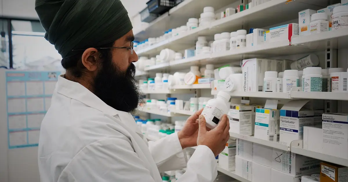 Pharmacist with turban organizing shelves in a pharmacy, focused on healthcare