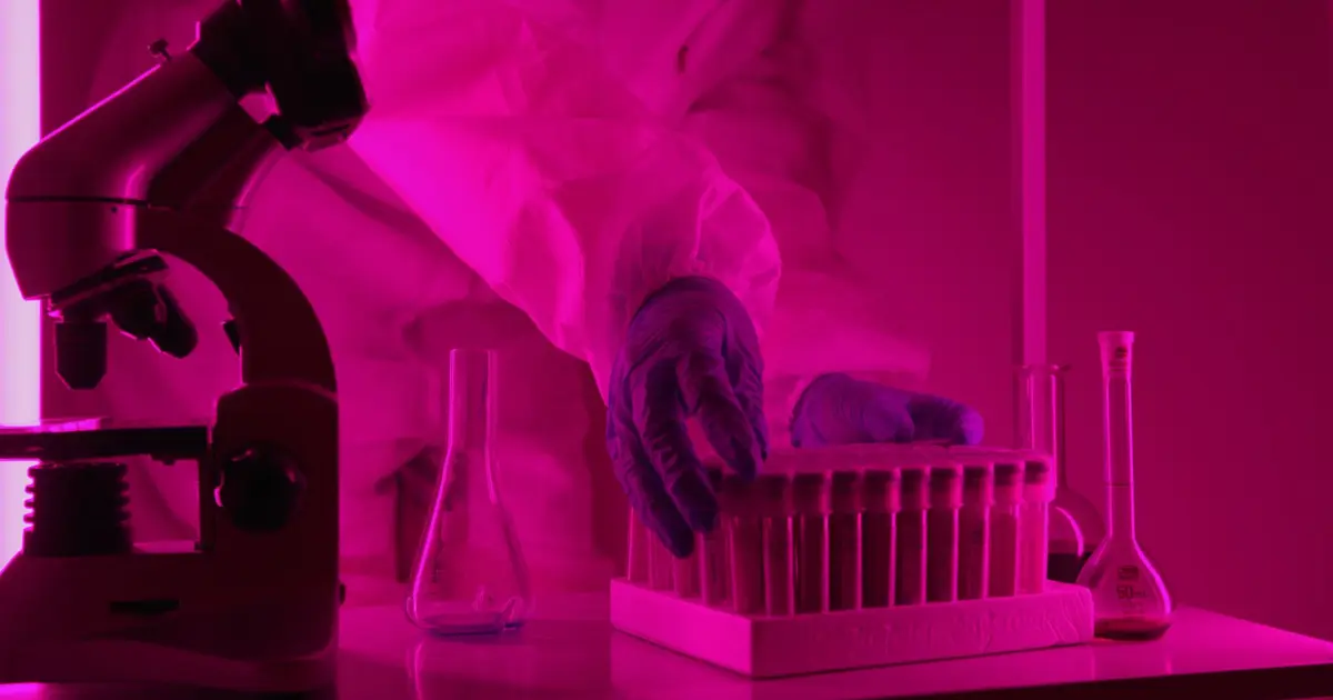 Scientist in a lab coat handling test tubes under pink lighting, using a microscope