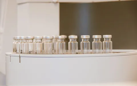 A rack of clear sample vials in a laboratory