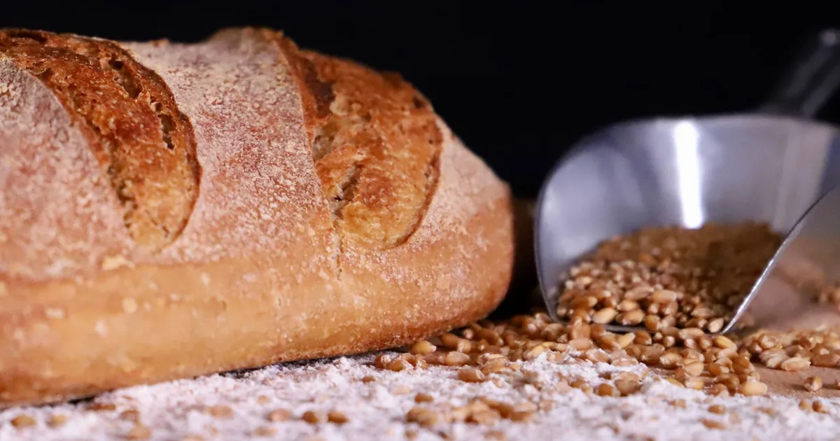 A loaf of wholemeal bread with scattered wheat grains