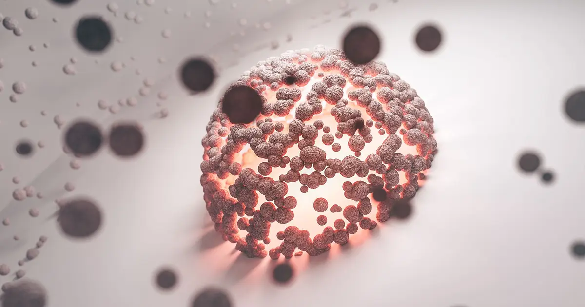 Intricate abstract representation of a cellular structure with a glowing core on a white background