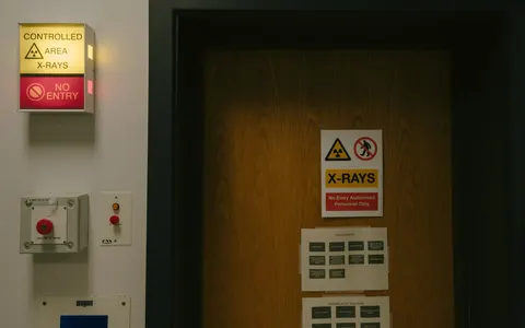 A door with warning signs marking a controlled radiation area in a hospital