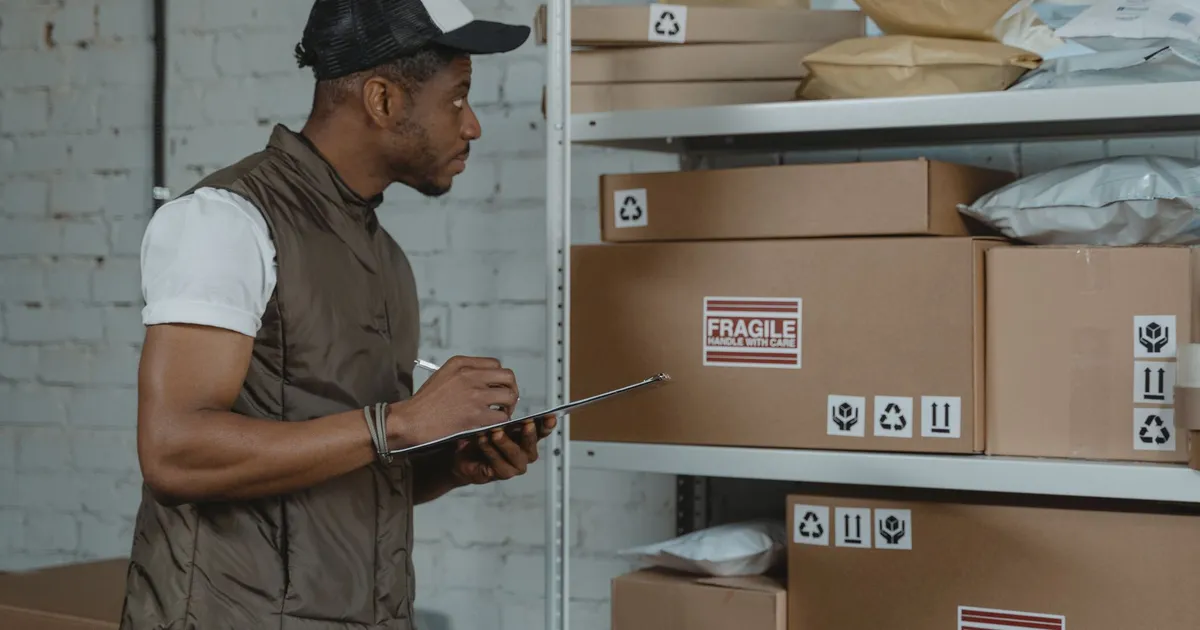A courier checking packages in a warehouse