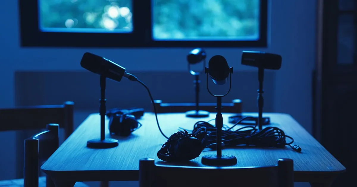 Microphones and headphones on a table in a dimly lit podcast studio
