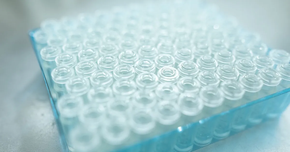 Rows of empty clear glass vials in a blue laboratory tray