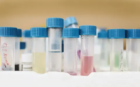 Close-up of test tubes with blue caps in a laboratory