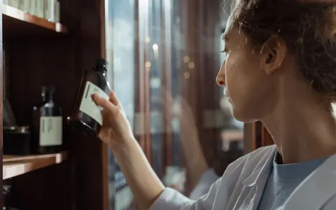 A pharmacist selecting a medicine bottle from a pharmacy shelf