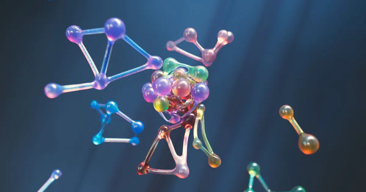 An abstract rendering of molecular structures with 3D spheres and connections