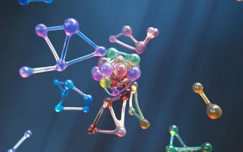 An abstract rendering of molecular structures with 3D spheres and connections