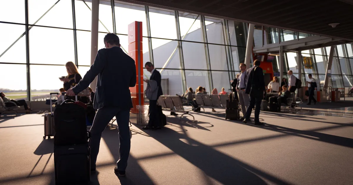 Travellers with carry-on luggage in a busy airport terminal